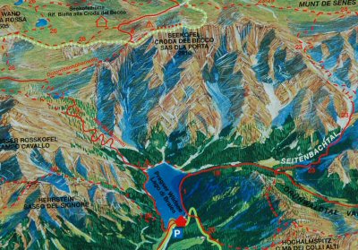 Panoramazeichnung des Pragser Bergsees mit Seekofel